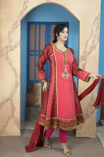 Light-pink embroidered chanderi silk stitched a line trouser kurta & dupatta 