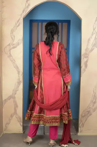 Light-pink embroidered chanderi silk stitched a line trouser kurta & dupatta 