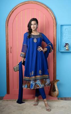 Royal-blue embroidered georgette stitched anarkali trouser kurta & dupatta  1