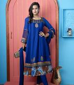 Royal-blue embroidered georgette stitched anarkali trouser kurta & dupatta 