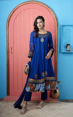 Royal-blue embroidered georgette stitched anarkali trouser kurta & dupatta  2