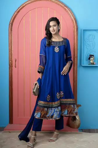 Royal-blue embroidered georgette stitched anarkali trouser kurta & dupatta 