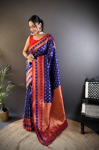 Elora soft silk butti zari weaving work banarasi saree(royal blue)