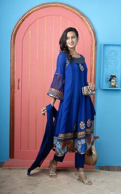 Royal-blue embroidered georgette stitched anarkali trouser kurta & dupatta  3