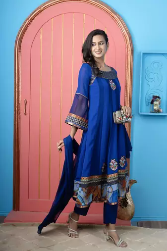 Royal-blue embroidered georgette stitched anarkali trouser kurta & dupatta 