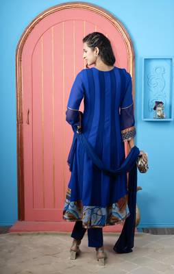 Royal-blue embroidered georgette stitched anarkali trouser kurta & dupatta  4