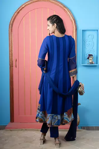Royal-blue embroidered georgette stitched anarkali trouser kurta & dupatta 