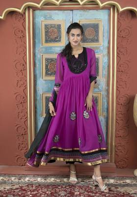 Pink embroidered georgette stitched a line trouser kurta & dupatta  1