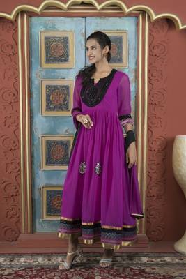 Pink embroidered georgette stitched a line trouser kurta & dupatta  2