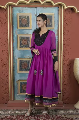 Pink embroidered georgette stitched a line trouser kurta & dupatta 
