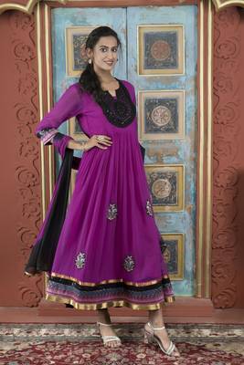 Pink embroidered georgette stitched a line trouser kurta & dupatta  3