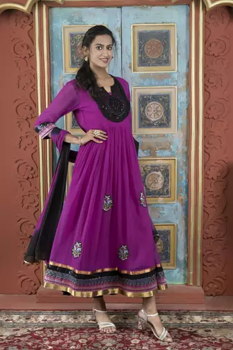 Pink embroidered georgette stitched a line trouser kurta & dupatta 
