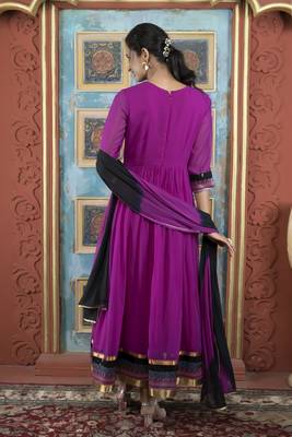 Pink embroidered georgette stitched a line trouser kurta & dupatta  4