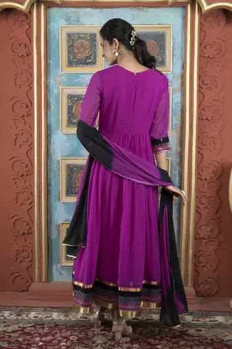 Pink embroidered georgette stitched a line trouser kurta & dupatta 