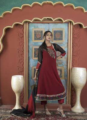 Maroon embroidered georgette stitched asymmetrical trouser kurta & dupatta  1