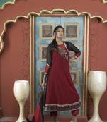 Maroon embroidered georgette stitched asymmetrical trouser kurta & dupatta 