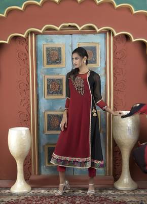 Maroon embroidered georgette stitched asymmetrical trouser kurta & dupatta  2