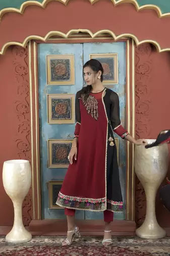 Maroon embroidered georgette stitched asymmetrical trouser kurta & dupatta 