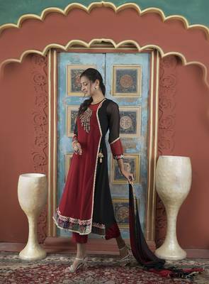 Maroon embroidered georgette stitched asymmetrical trouser kurta & dupatta  3