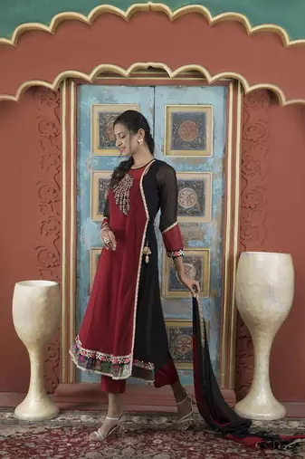 Maroon embroidered georgette stitched asymmetrical trouser kurta & dupatta 