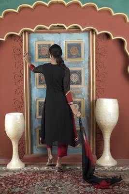 Maroon embroidered georgette stitched asymmetrical trouser kurta & dupatta  4