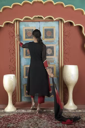 Maroon embroidered georgette stitched asymmetrical trouser kurta & dupatta 