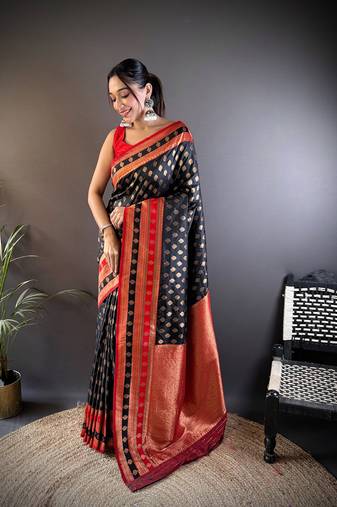 Elora soft silk butti zari weaving work banarasi saree(black)