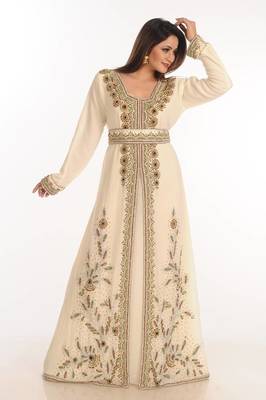 Cream zari work georgette islamic style party wear stones and beads embedded arabian kaftan 1