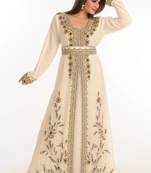 Cream zari work georgette islamic style party wear stones and beads embedded arabian kaftan