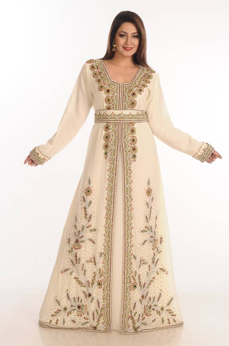 Cream zari work georgette islamic style party wear stones and beads embedded arabian kaftan