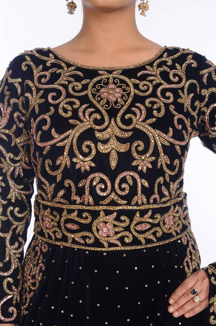Navy blue velvet embroidered zari work islamic kaftans