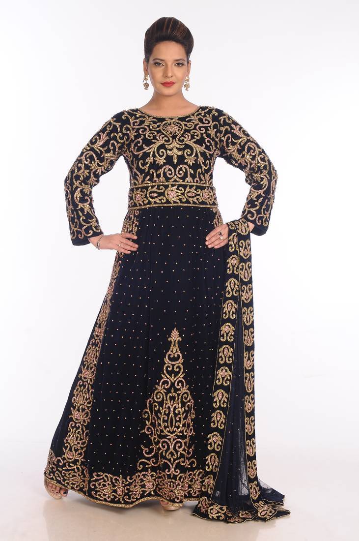 Navy blue velvet embroidered zari work islamic kaftans