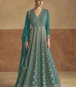 Teal chinon embroidered anarkali suit