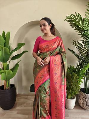 Mehndi Paithani Silk blend Meenakari Weaving Saree  2