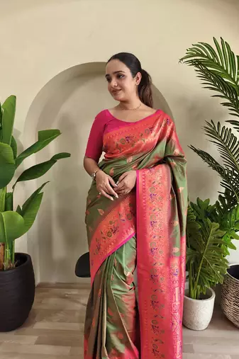 Mehndi Paithani Silk blend Meenakari Weaving Saree 