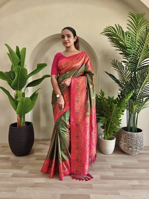 Mehndi Paithani Silk blend Meenakari Weaving Saree  1