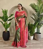 Mehndi Paithani Silk blend Meenakari Weaving Saree 