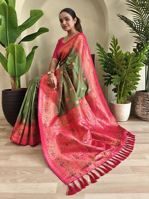 Mehndi Paithani Silk blend Meenakari Weaving Saree  3