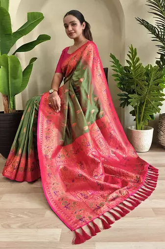 Mehndi Paithani Silk blend Meenakari Weaving Saree 