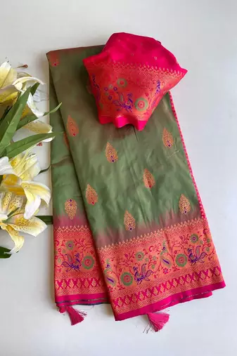 Mehndi Paithani Silk blend Meenakari Weaving Saree 