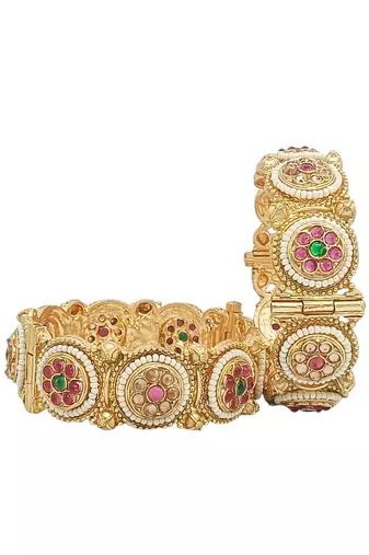  rajwadi meenakari gold plated pearl set of 2 broad screw bangles