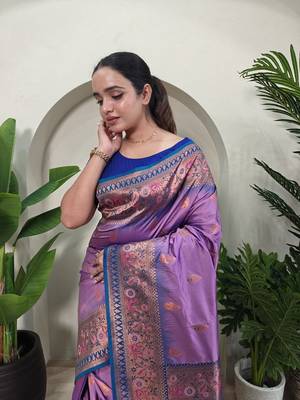 Lavender Paithani Silk blend Meenakari Weaving Saree  1