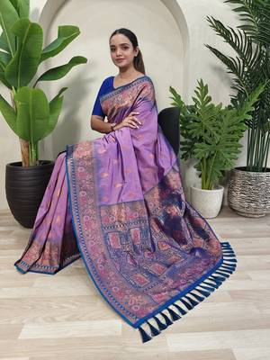 Lavender Paithani Silk blend Meenakari Weaving Saree  3