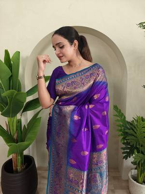 Purple Paithani Silk blend Meenakari Weaving Saree  1