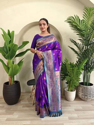 Purple Paithani Silk blend Meenakari Weaving Saree  2