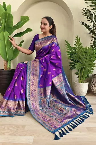 Purple Paithani Silk blend Meenakari Weaving Saree 