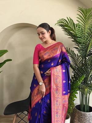 Royal Blue Paithani Silk blend Meenakari Weaving Saree  1