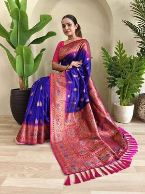 Royal Blue Paithani Silk blend Meenakari Weaving Saree  3