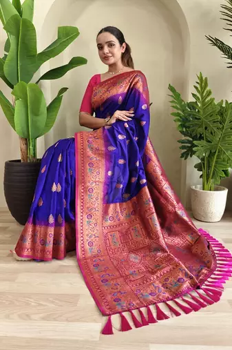Royal Blue Paithani Silk blend Meenakari Weaving Saree 