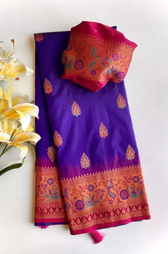 Royal Blue Paithani Silk blend Meenakari Weaving Saree 